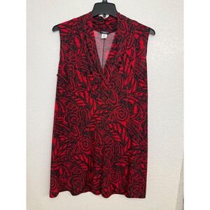 Perception Women Sleeveless V Neck Red Black Abstract Dress Plus‎ Size 2X